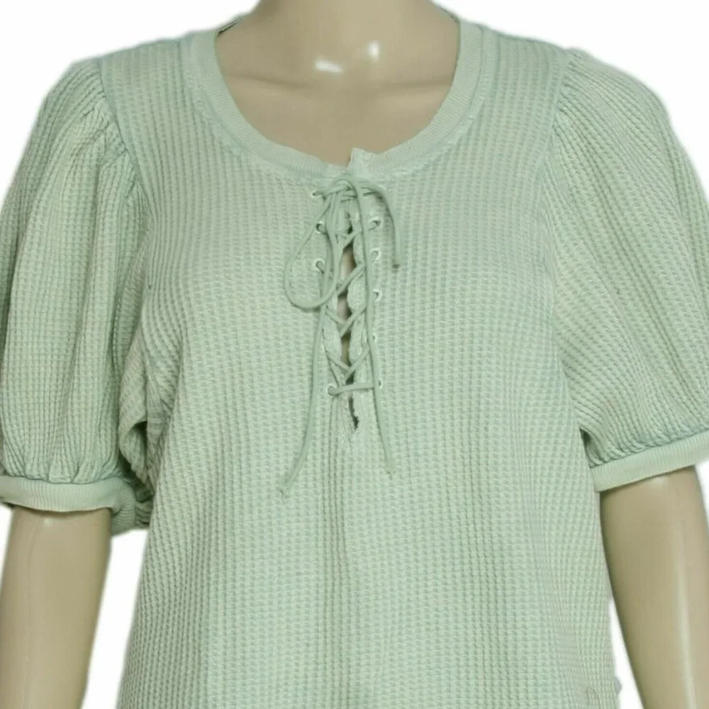 Free People FP One Hayden Thermal Waffle Knit Puff Sleeve Top M NEW